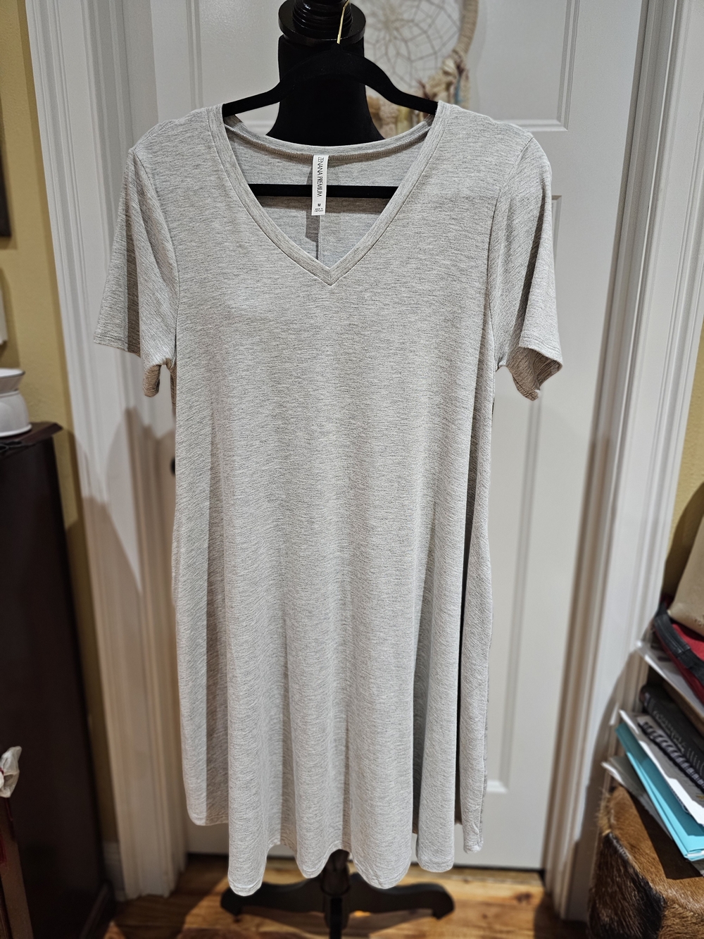 Gray V-Neck Tee Dress With Pockets